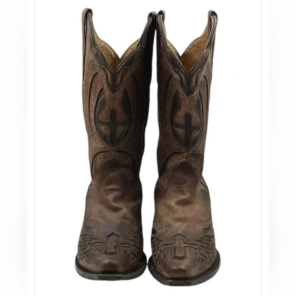➕ J.B. Dillon Men’s Leather Winged Cross Embroidered Boots 10EE Distressed - Picture 1 of 11